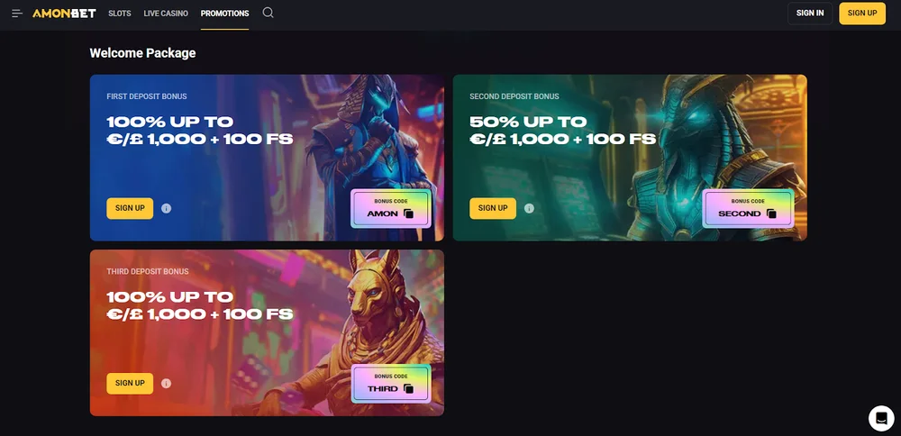 Bonuses for first, second and third deposit from Amonbet