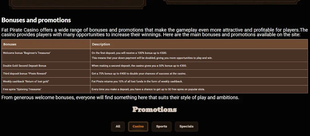 Varieties of Fat Pirat casino bonuses