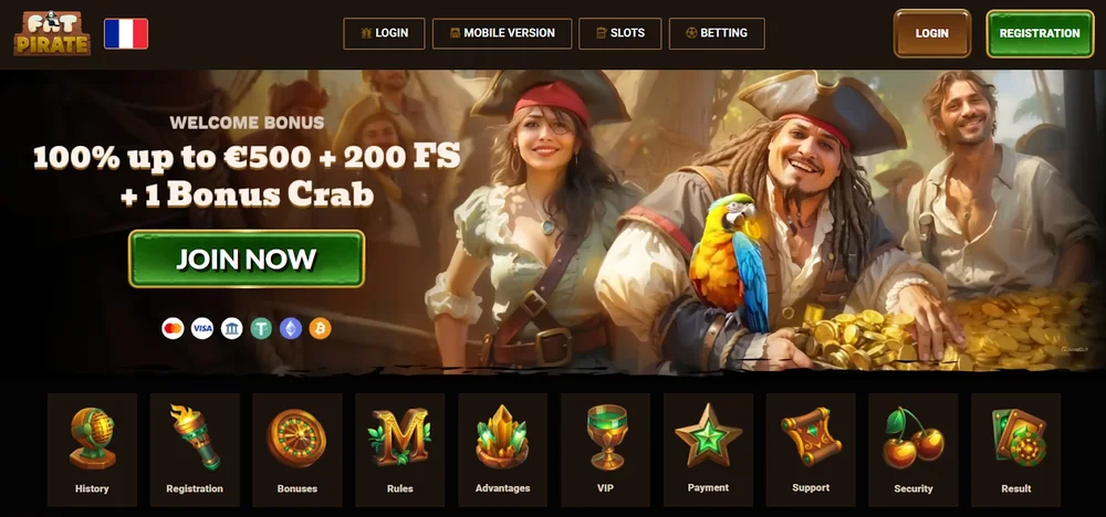 Fat Pirat casino site design feature - pirate theme