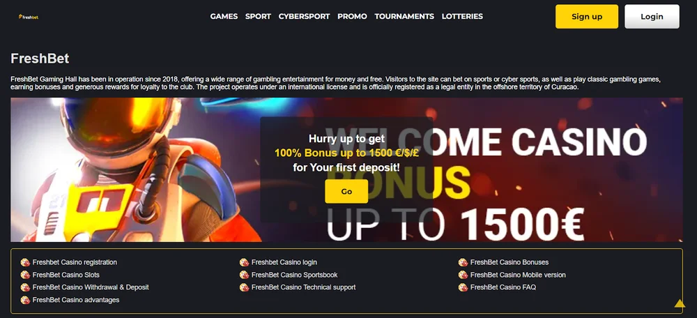 Welcome bonus for newcomers at Freshbet Casino